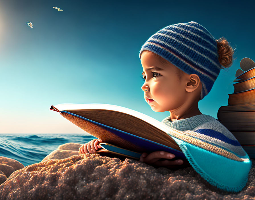 Child in striped sweater reads book on rocky shore with ocean and birds.