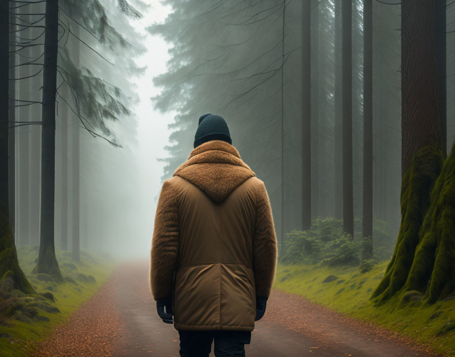 Person in Winter Jacket Walking Through Foggy Forest Path