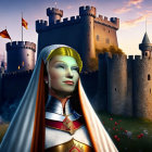 Digital artwork of medieval lady in armor with crown at castle, flags fluttering