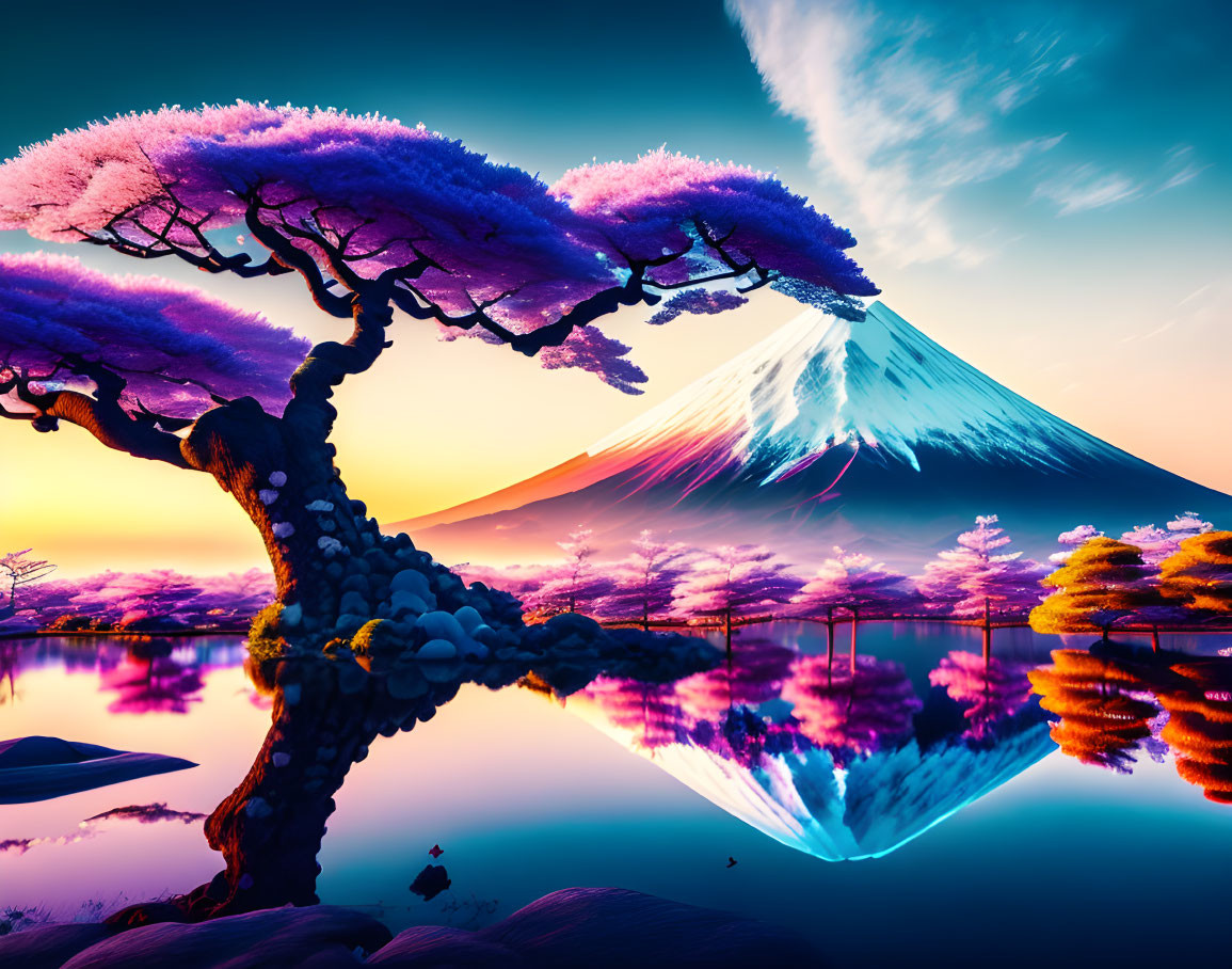 Scenic Cherry Blossom Tree by Tranquil Lake and Mount Fuji