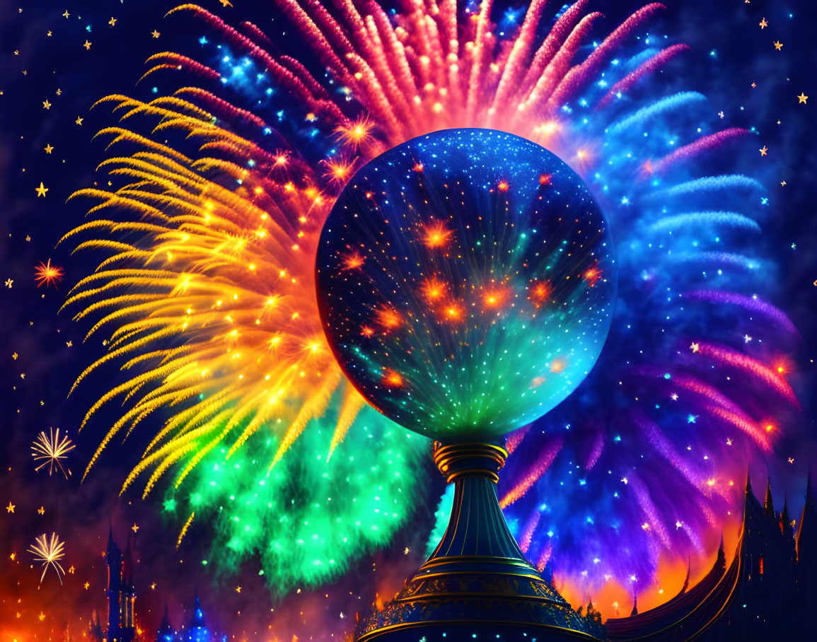 Colorful fireworks around reflective sphere on ornate pedestal under starry sky