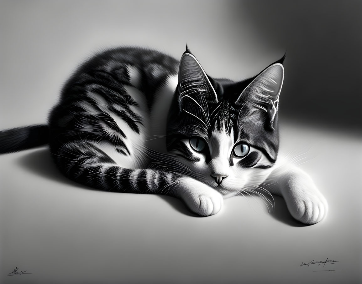 Monochrome cat digital art with unique markings and expressive eyes