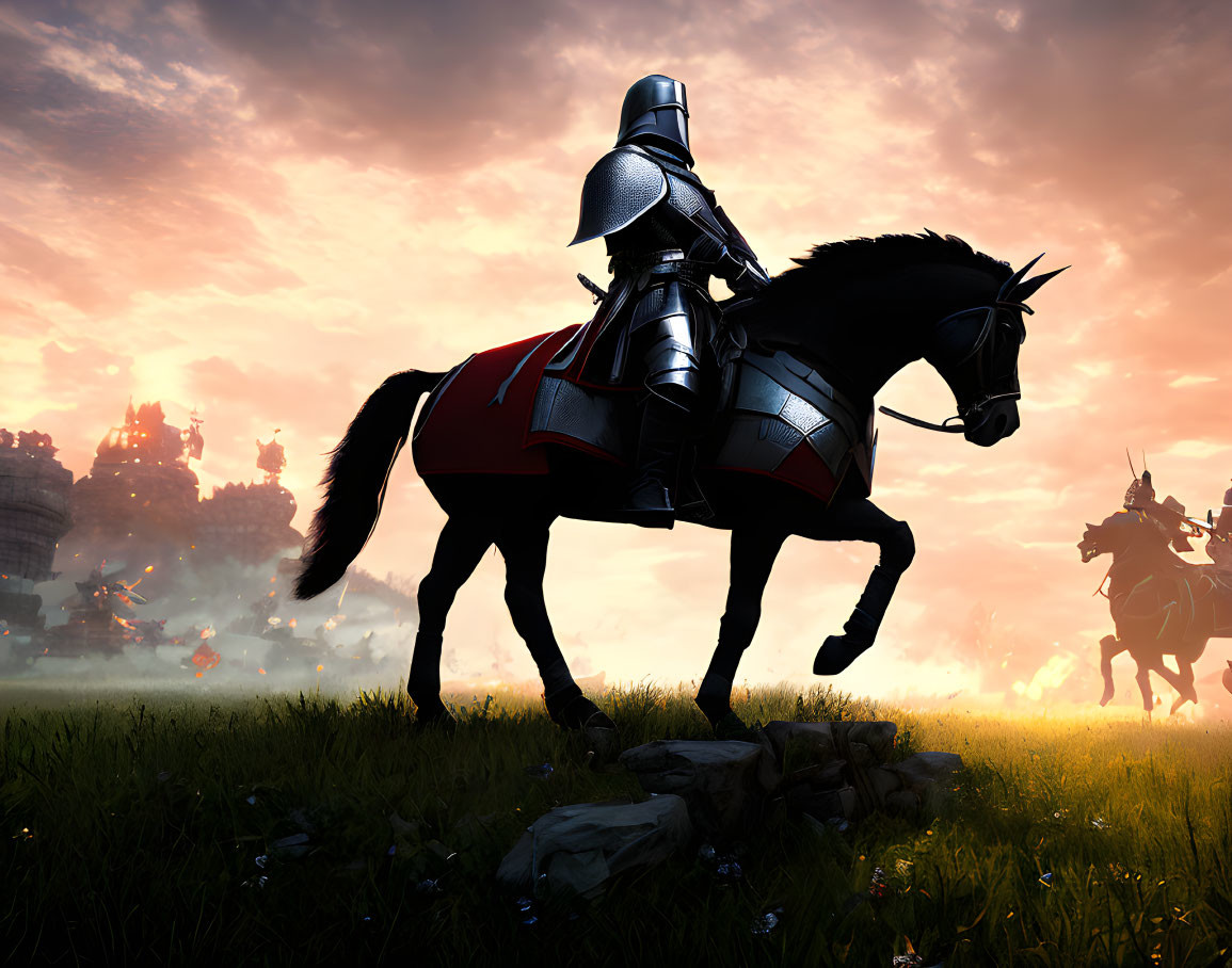Knight in Armor on Horseback at Sunrise with Battle Scene