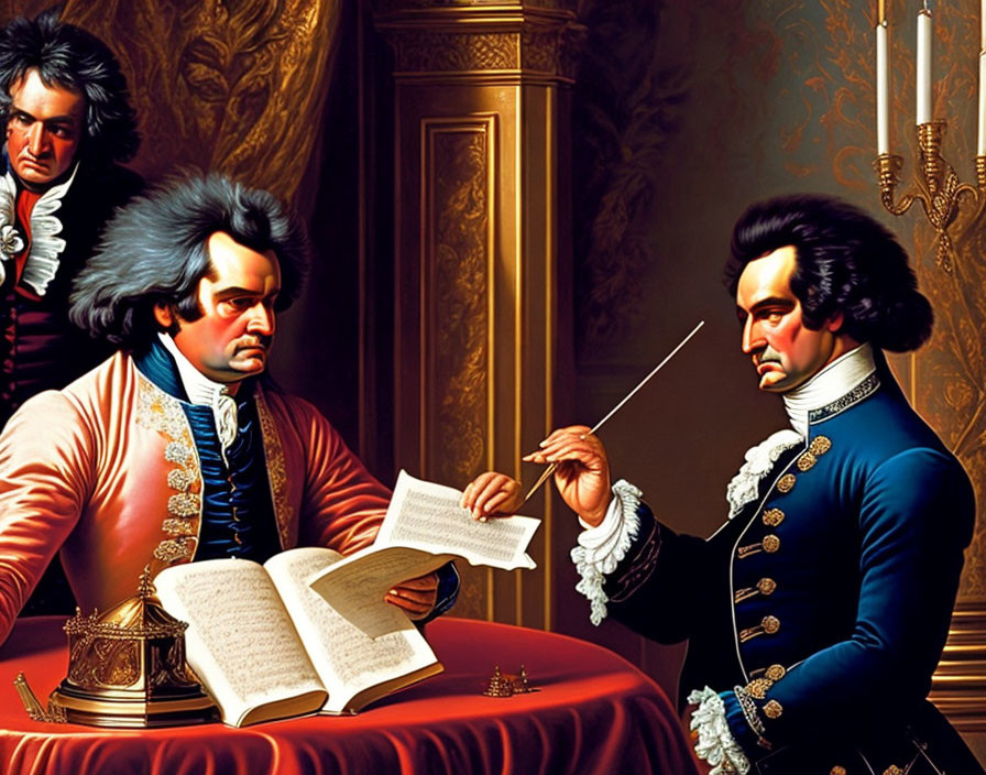 18th-Century Men in Music Sheet Examination Scene