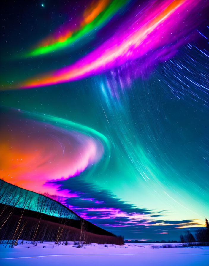 Colorful Aurora Borealis Lights in Snowy Night Sky