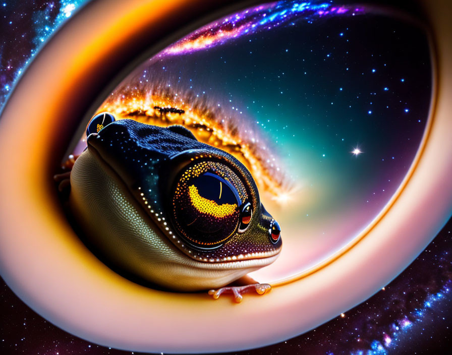 Cosmic frog digital artwork with surreal space-time portal