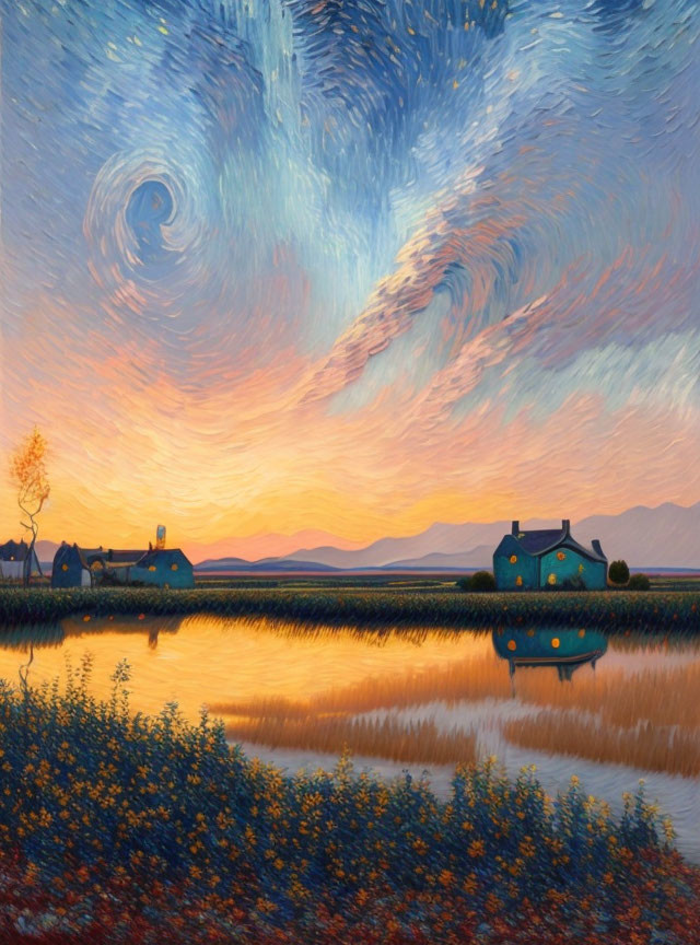 Twilight landscape painting with swirling sky and small blue houses
