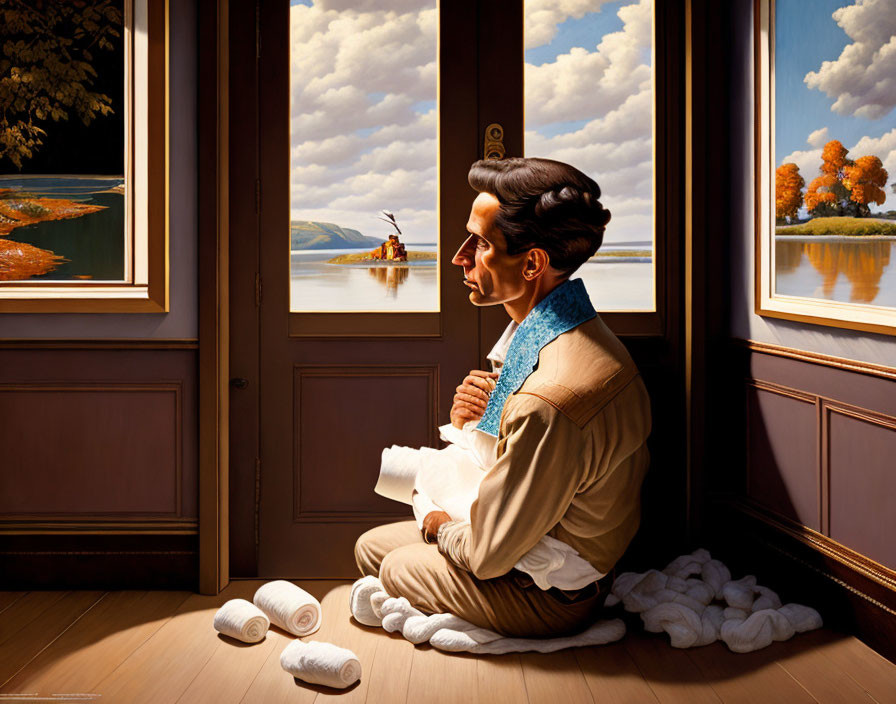 Surreal painting: man with large head by open door, autumn lakeside view.