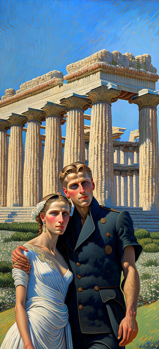 Vintage couple in front of ancient Greek temple with stylized brushstrokes landscape