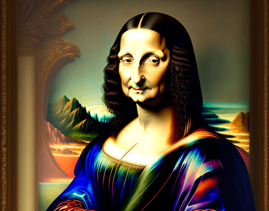 Colorful digital Mona Lisa with glossy finish in golden frame against landscape.