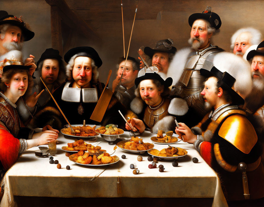 17th-Century Attired Group with Food and Staffs