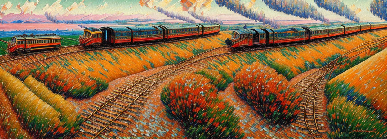 Colorful Painting of Trains on Curving Tracks in Autumn Scene