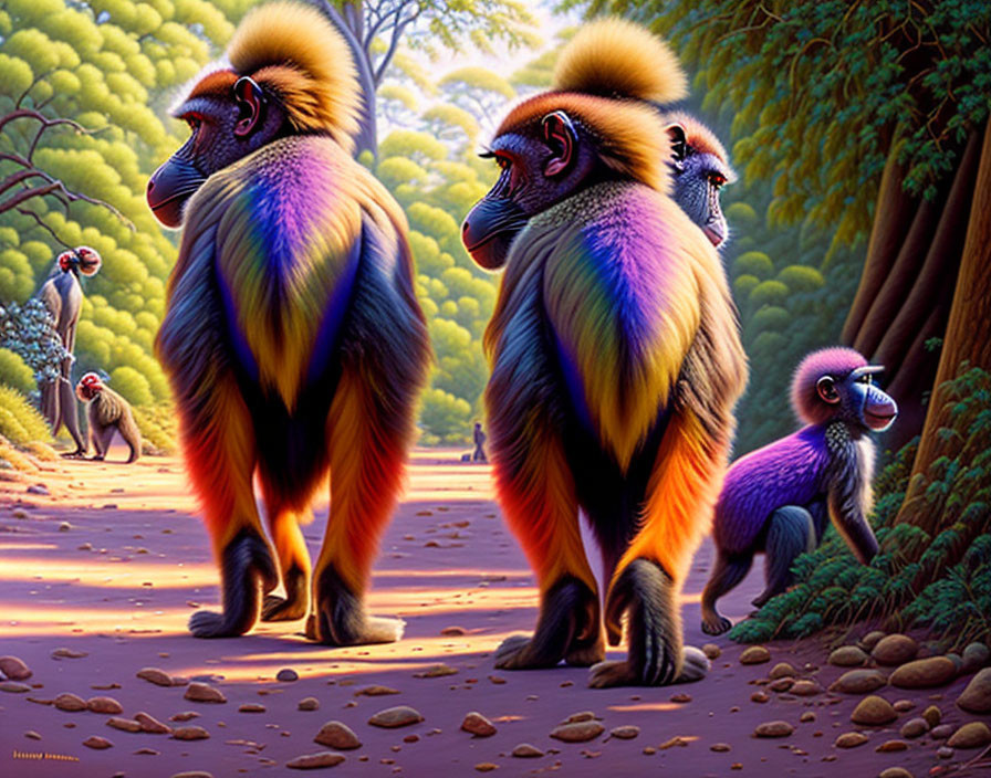 Vibrant stylized baboons in colorful forest scene