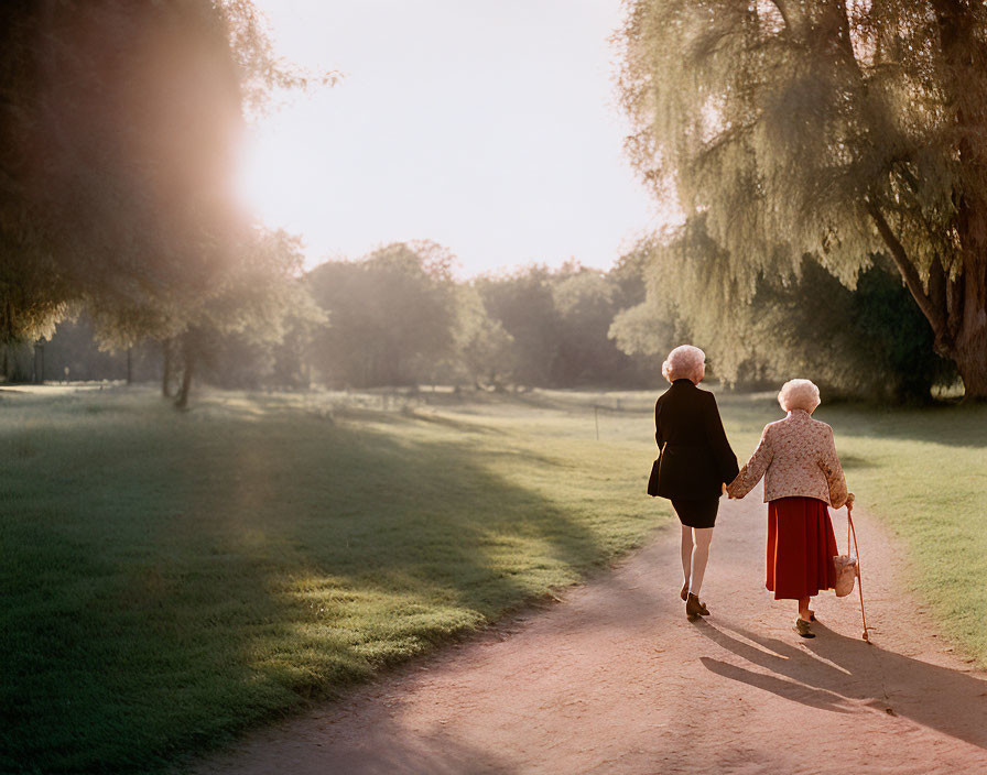 Elderly women with red bag walking in park under sunlight