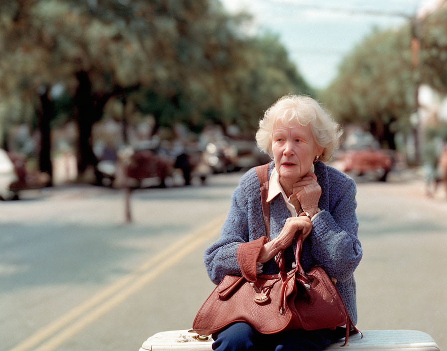 Elderly woman on bench with purse, city street background