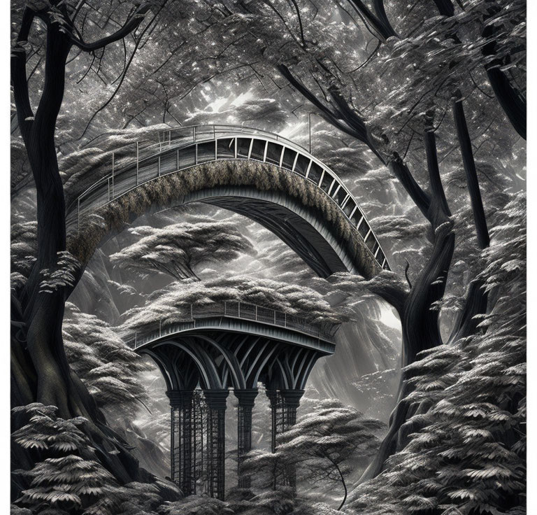 Monochrome image of ornate bridge over snowy fantasy forest