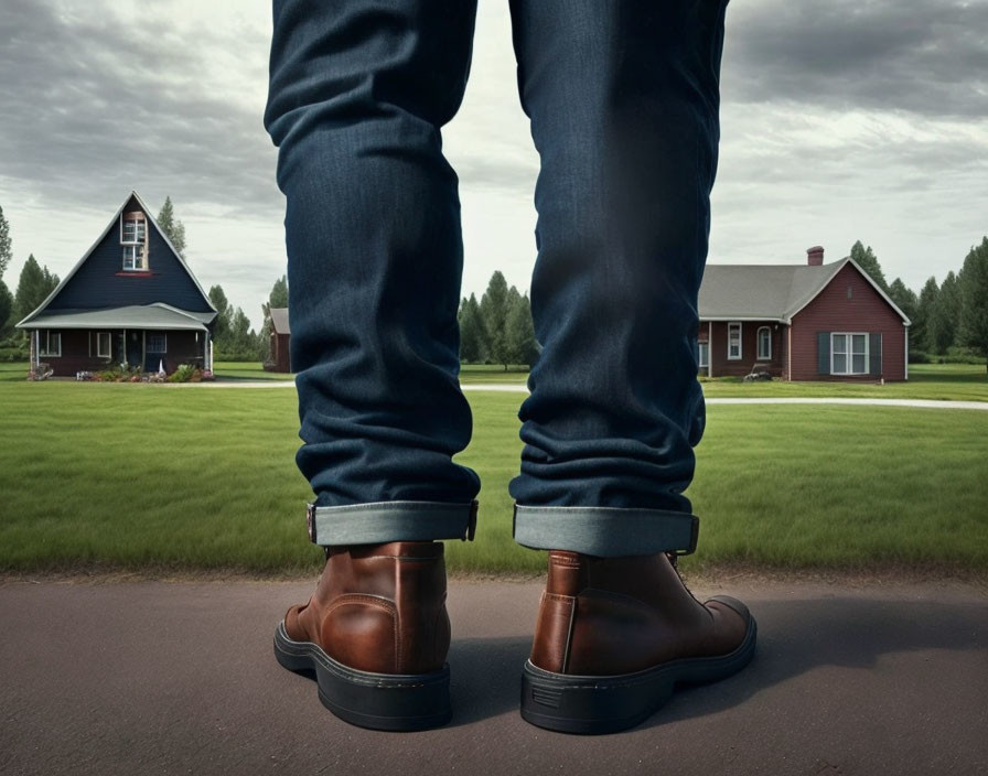 Person in jeans and brown boots overlooking houses on green lawn under cloudy sky