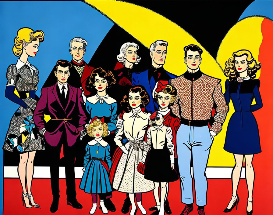 Stylized illustration of nine figures in vintage clothing against bold colors