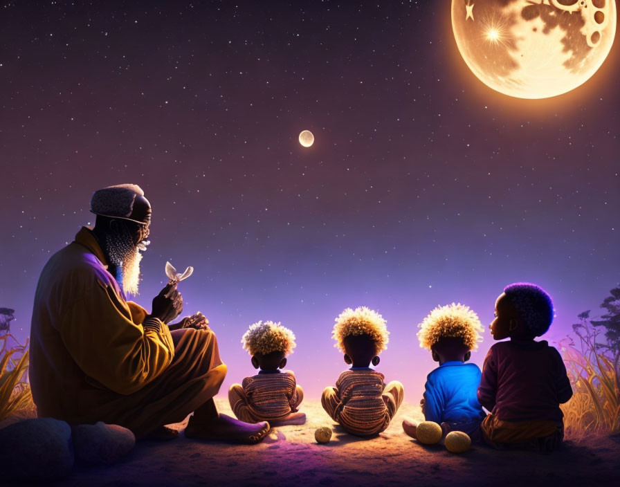 Elder storyteller captivates children under starry night sky