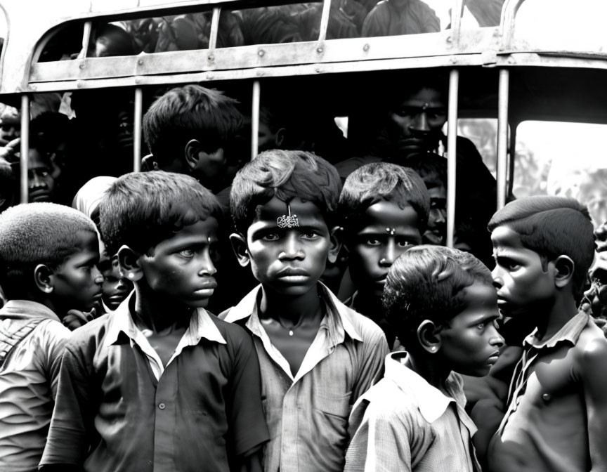 Young boys in school uniforms in front of crowded bus