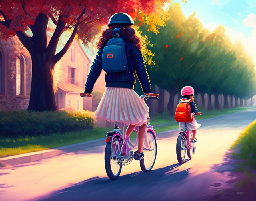 Woman and child biking on sunlit path with autumn trees and brick building.