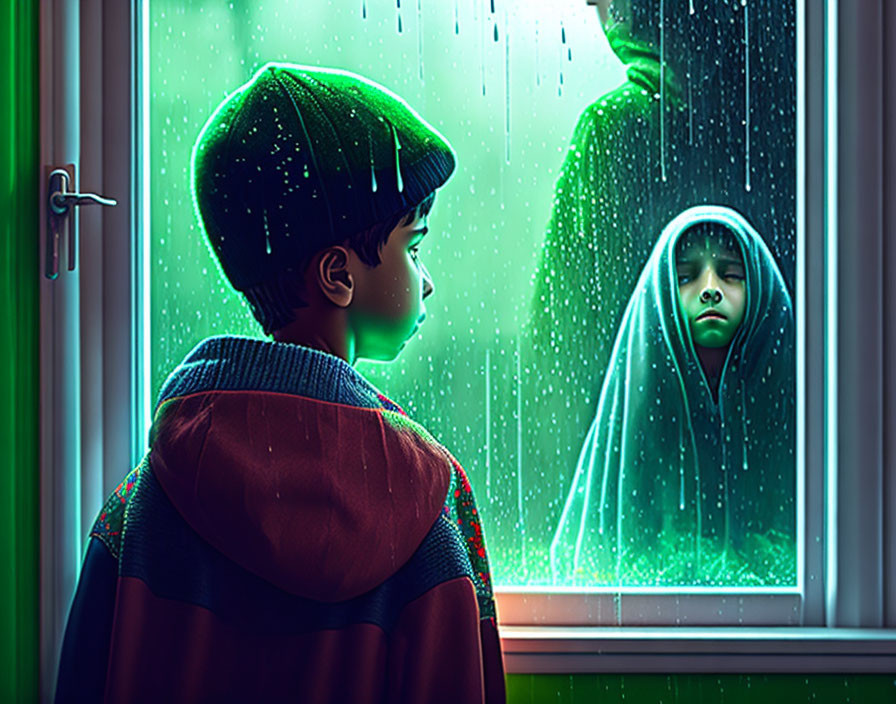 Child in Beanie and Jacket Reflects in Rainy Window