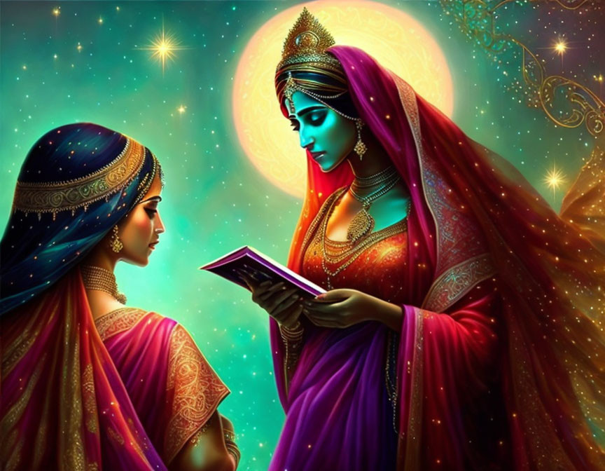 Two women in traditional Indian attire with ornate jewelry on starry backdrop