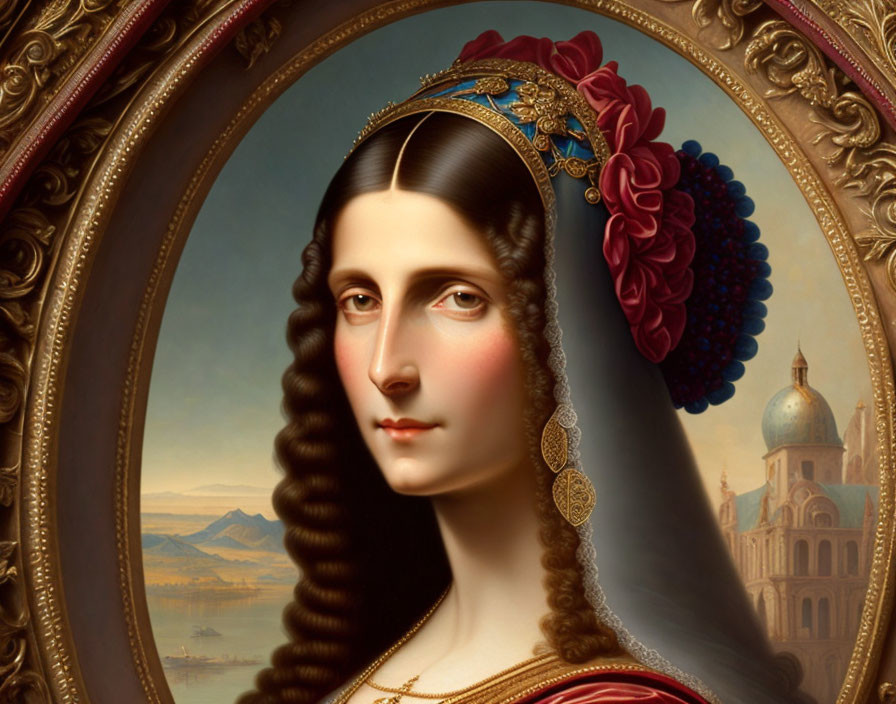 Serene woman portrait in royal attire with landscape background