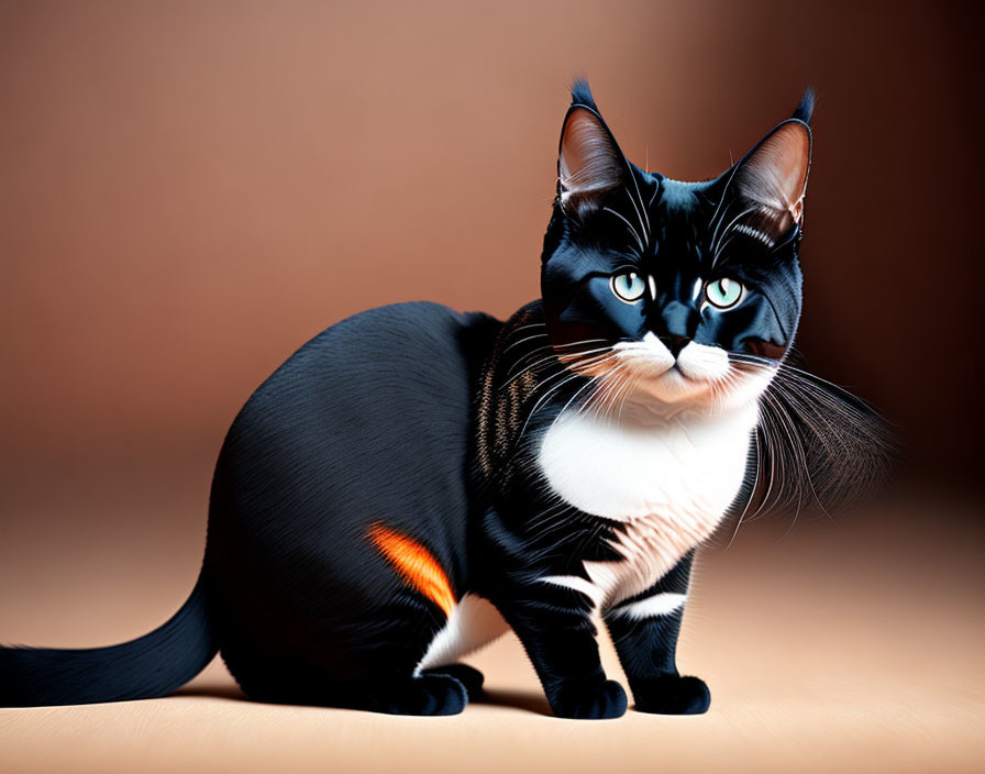 Black and White Cat with Blue Eyes and Whiskers on Brown Background
