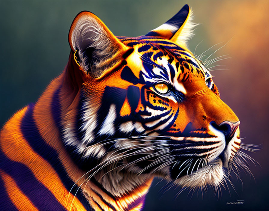 Vibrant tiger portrait with orange, black, and white markings.