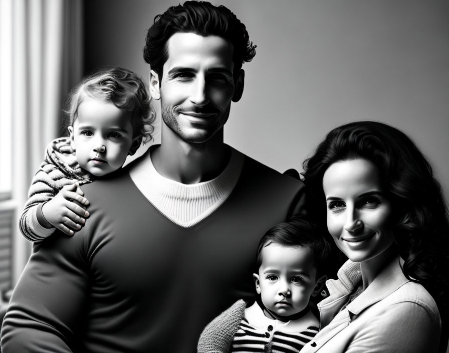 Monochrome portrait of a happy family with father, mother, toddler, and infant