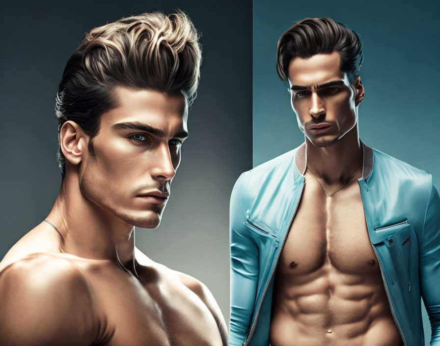 Digital Art: Man with Strong Jawline, Wavy Hair, and Intense Gaze