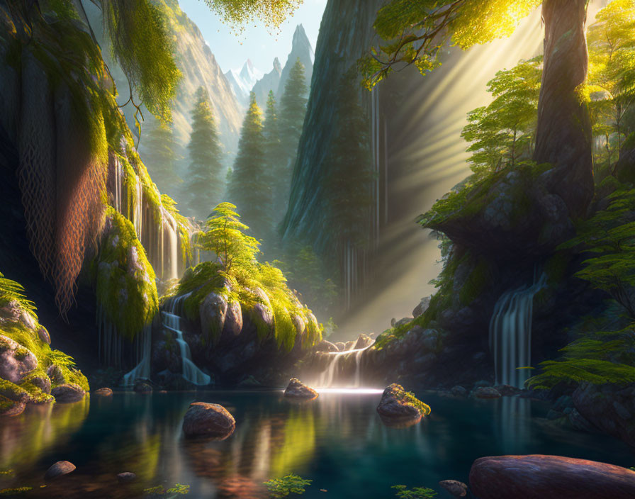Tranquil forest scene with sunbeams, river, waterfalls, and cliffs