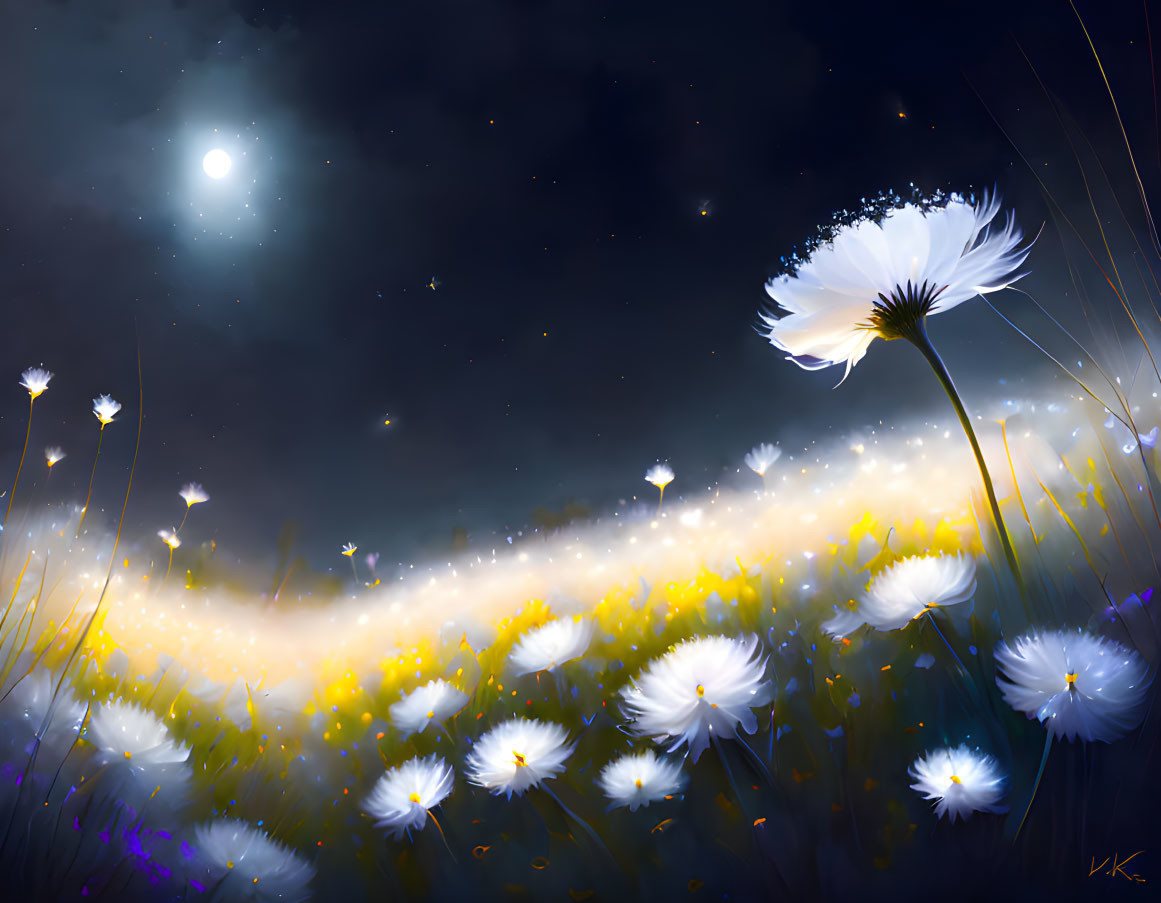 A field of dandelions in the moonlight