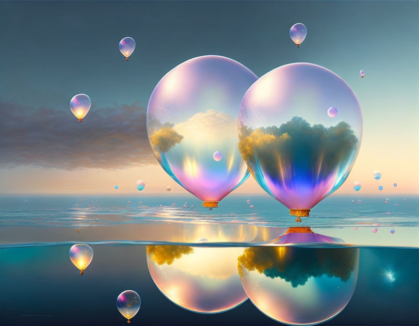 Reflection of soap-bubble hot-air-balloons