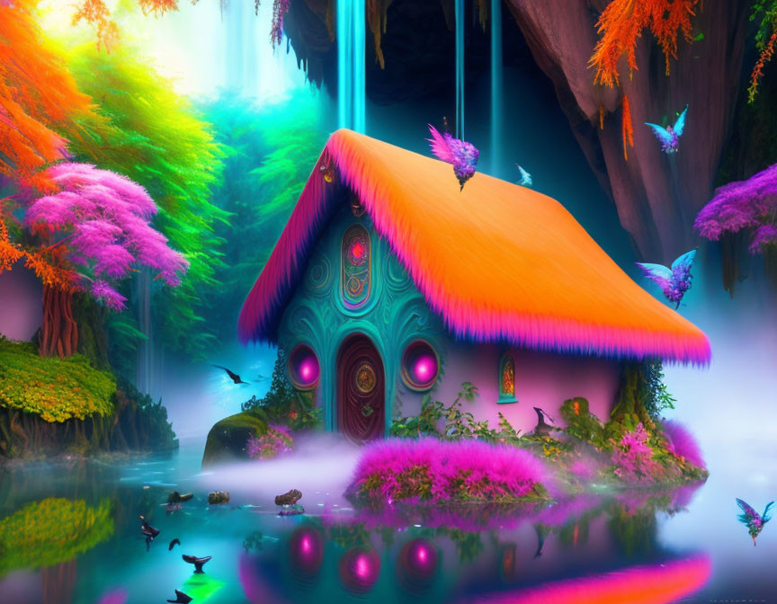 Colorful Fantasy Cottage in Vibrant Forest with Thatched Roof