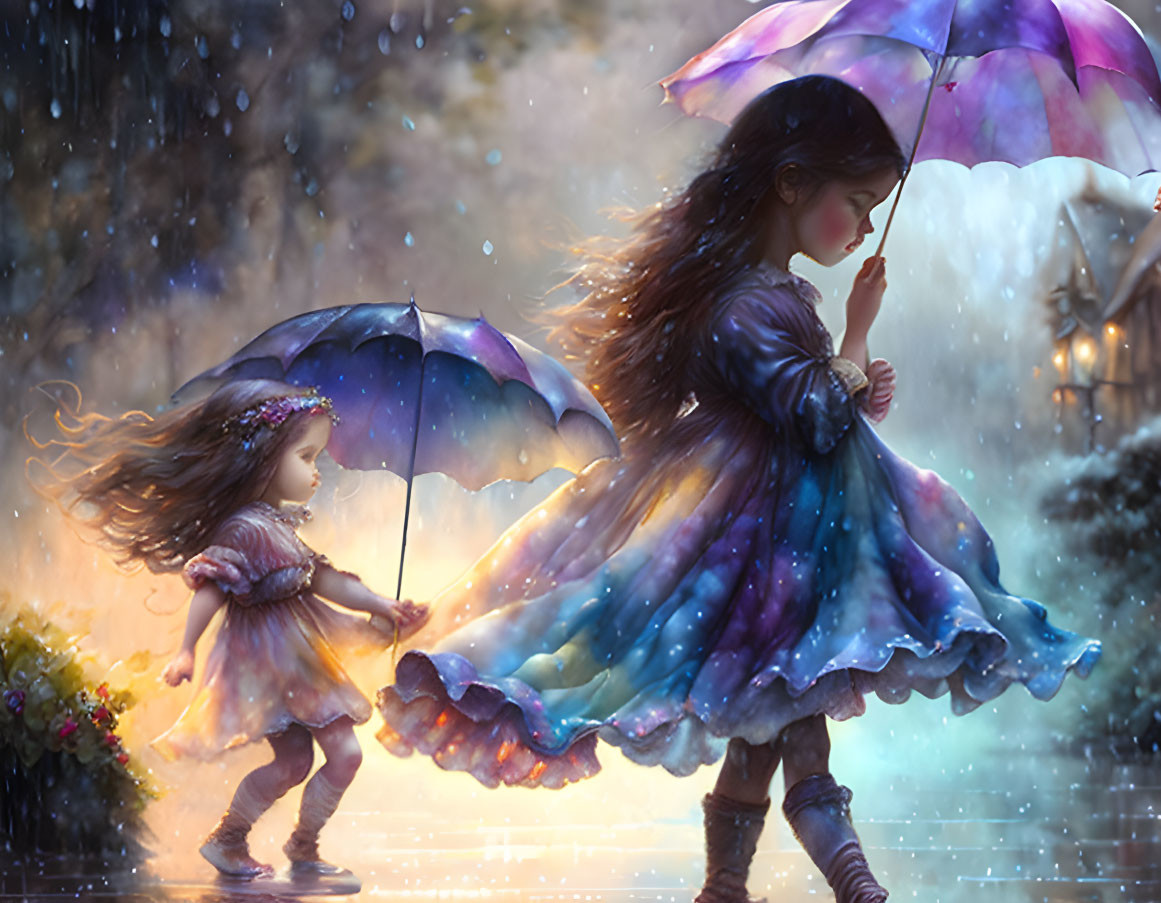 Two young sisters walking in the rain