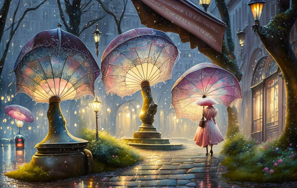 Person walking on cobblestone path with pink umbrella in the rain