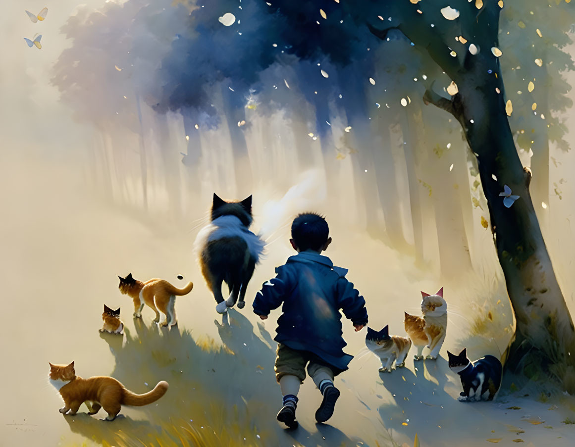 A boy chasing cats