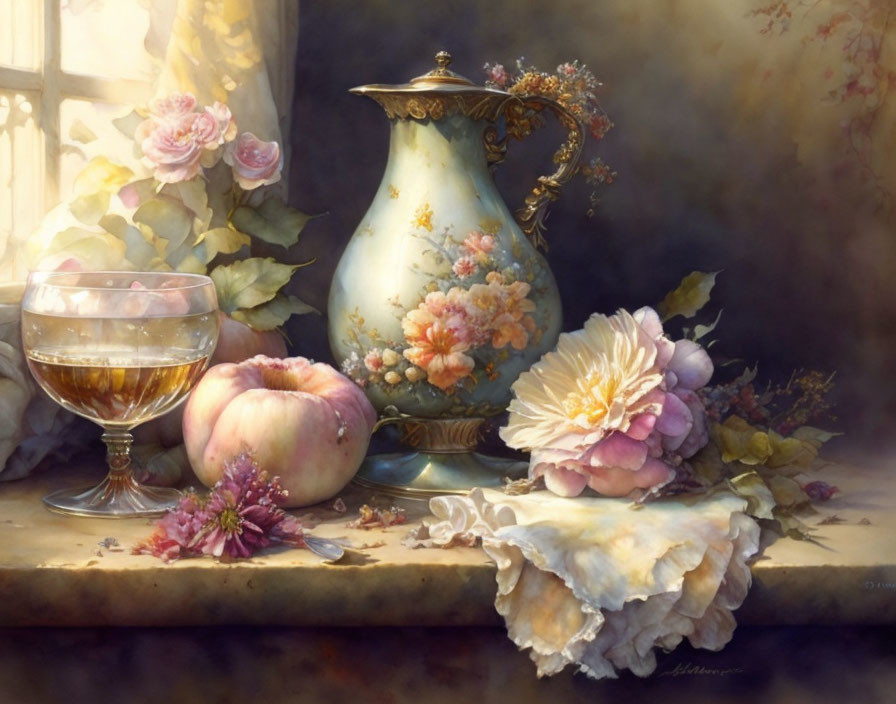 Ornate vase with flowers, apple, glass, and petals in warm light