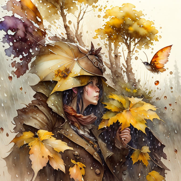 Illustration of woman in autumn attire with leaves in gentle rainfall