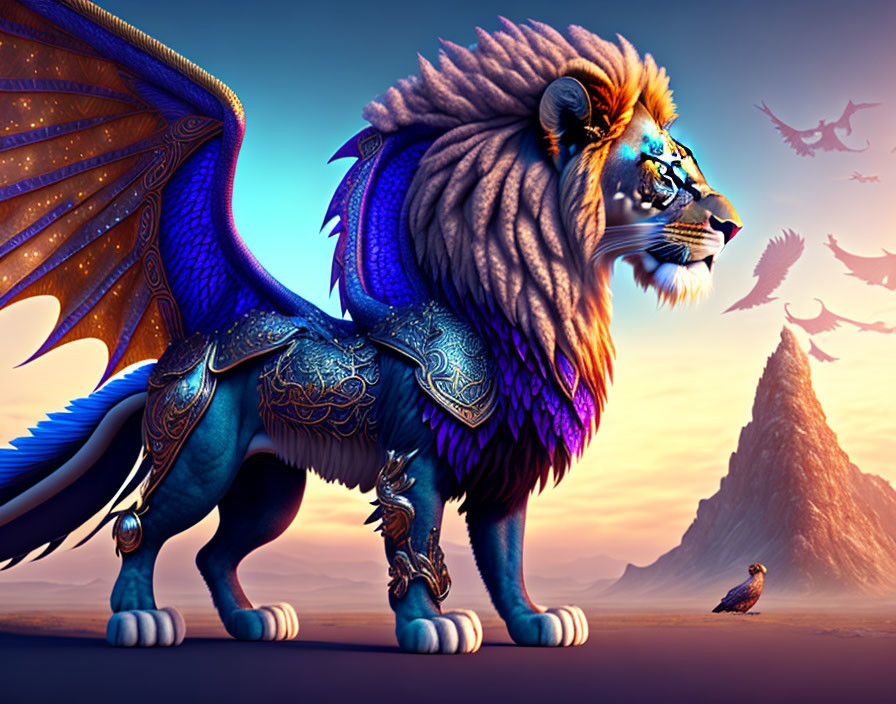 Mythical lion-dragon creature in armor against twilight mountain landscape