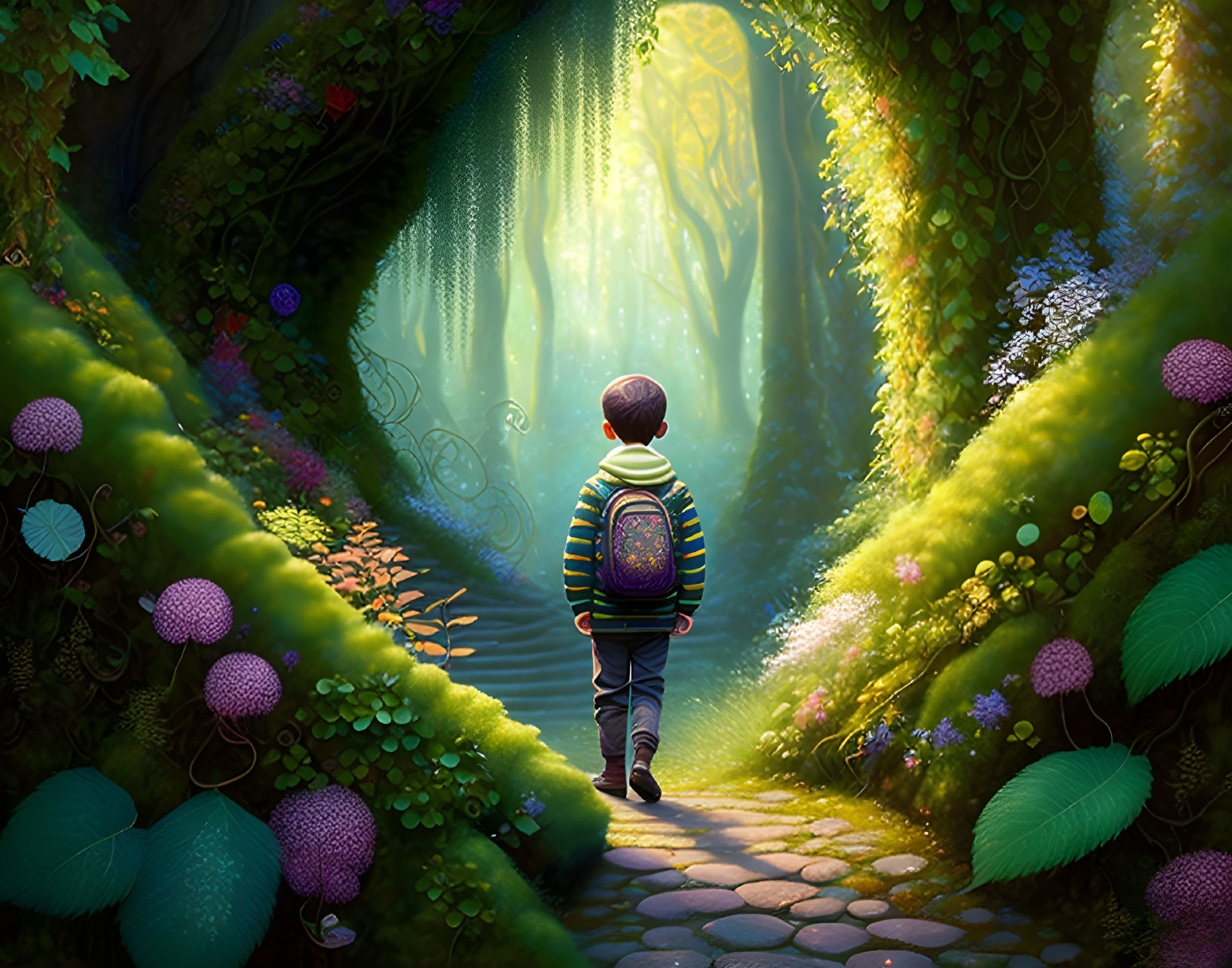 Child with backpack at magical forest entrance surrounded by vibrant flora and mystic light.