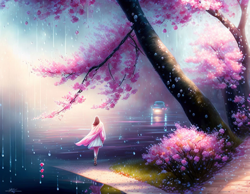 Person in White and Pink Outfit Walking Under Cherry Blossom Tree on Magical Rainy Path