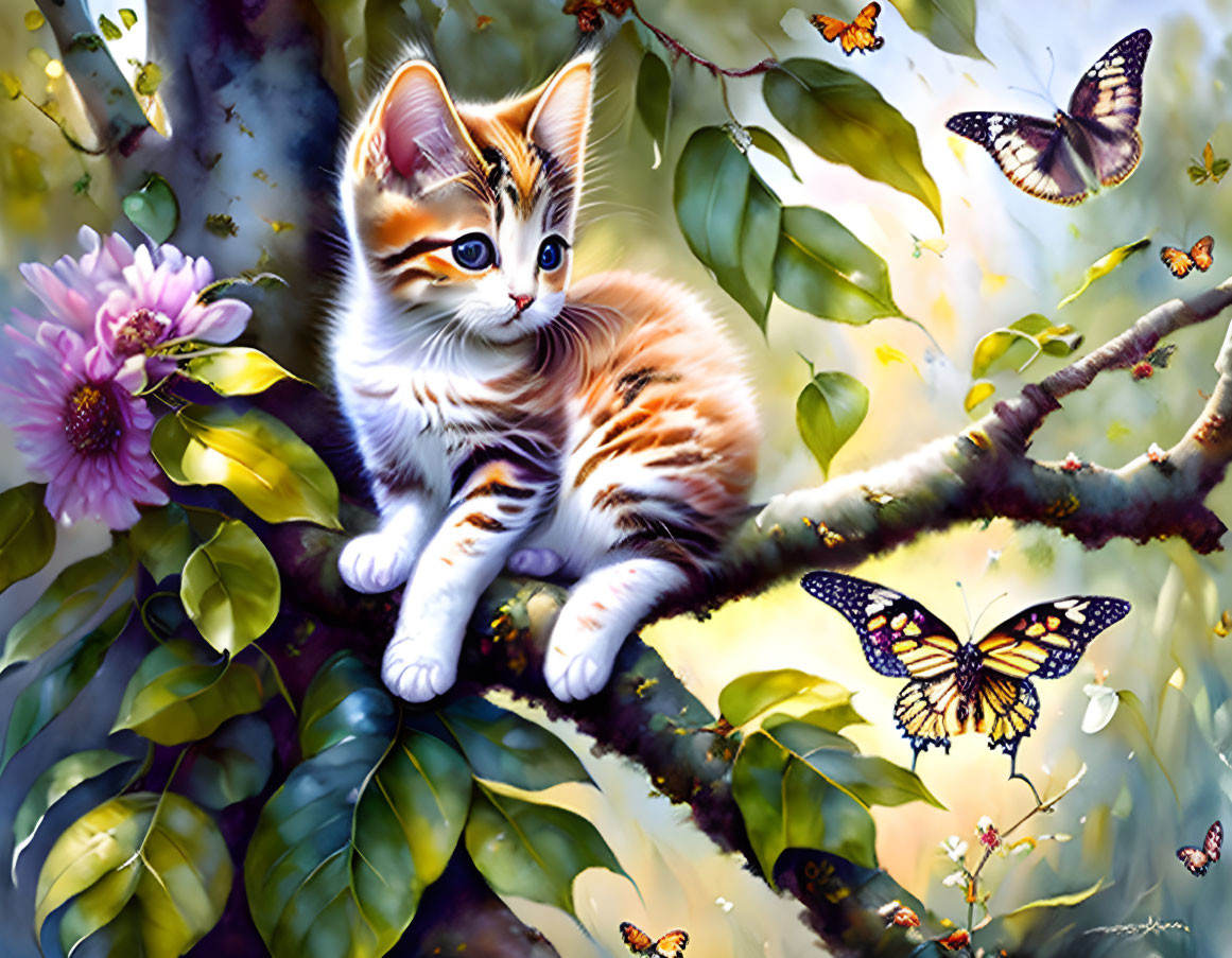 Cute cat trying to catch butterflies