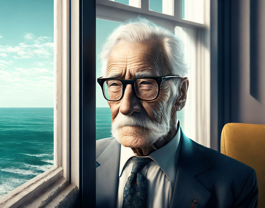 Elderly man in suit gazes out window at sea