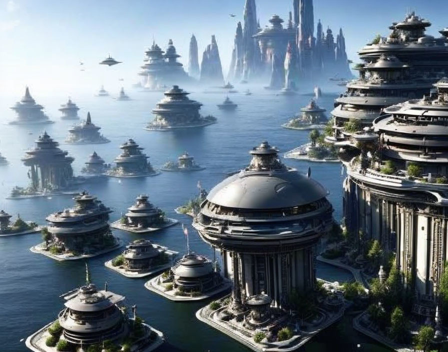 Futuristic city with dome-shaped structures near water and rock formations
