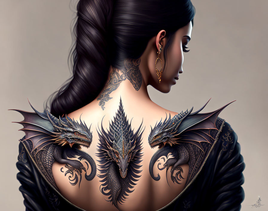 Braided Hairstyle Woman with Dragon Tattoo and 3D Shoulder Designs