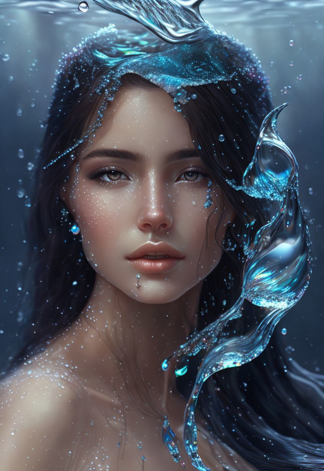 Digital portrait of woman with mystical water elements and fish-like adornments, immersed underwater.