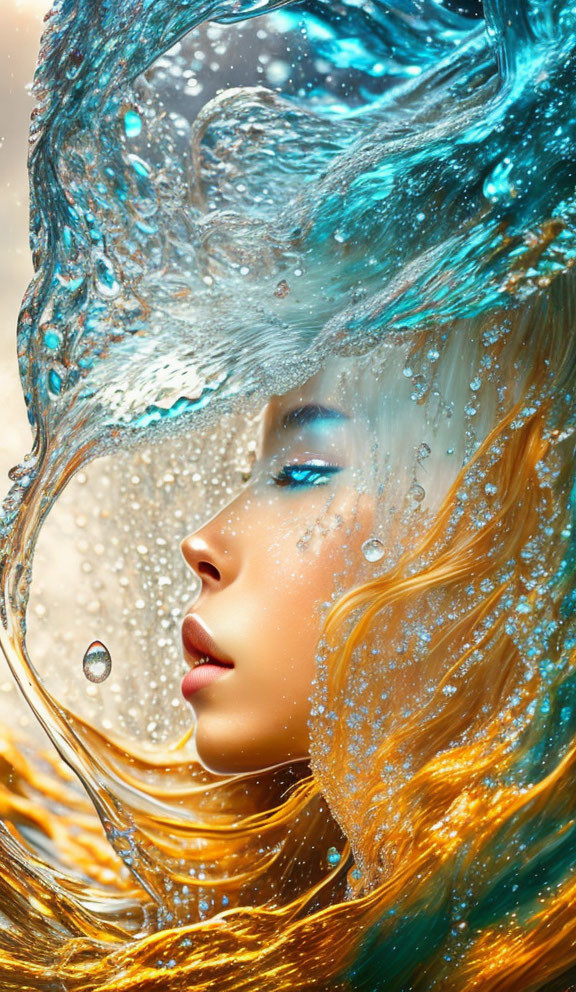 Blue-skinned woman with golden hair in swirling water scene